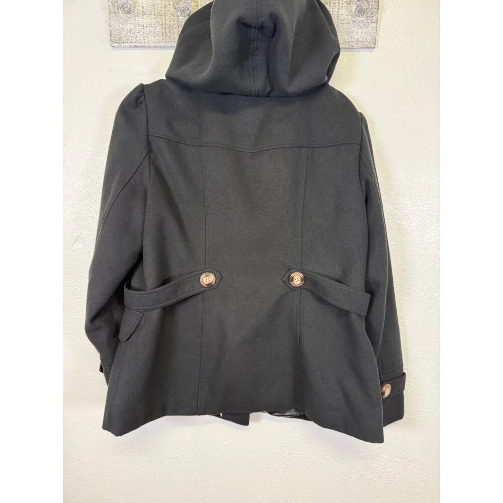 PINK ENVELOPE Womens Long Sleeve Button Front PeaCoat Jacket Black Hooded - Picture 13 of 13